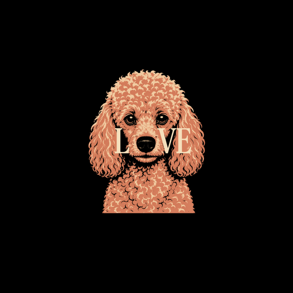 Illustration of a toy poodle with the word "LOVE" across its snout.