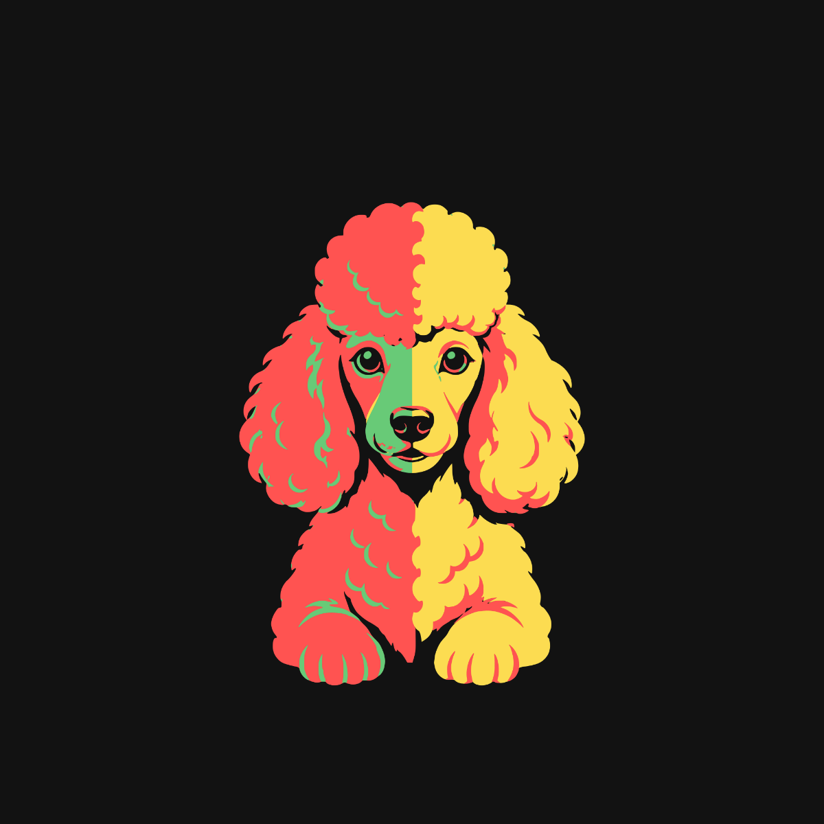 Stylized poodle with split red, yellow, and green coloring on a black background.