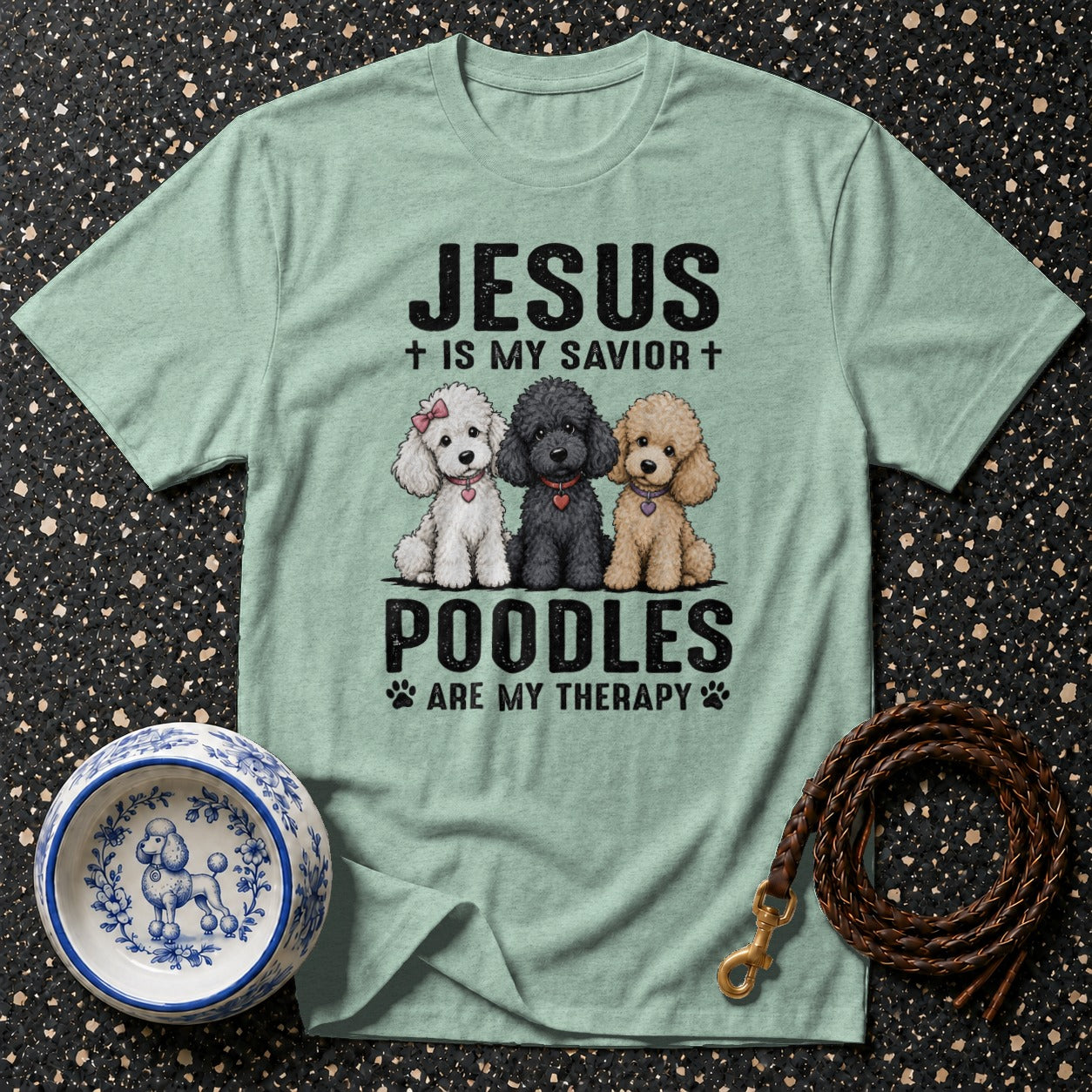 Light green t-shirt with "Jesus is my savior" and poodles design.