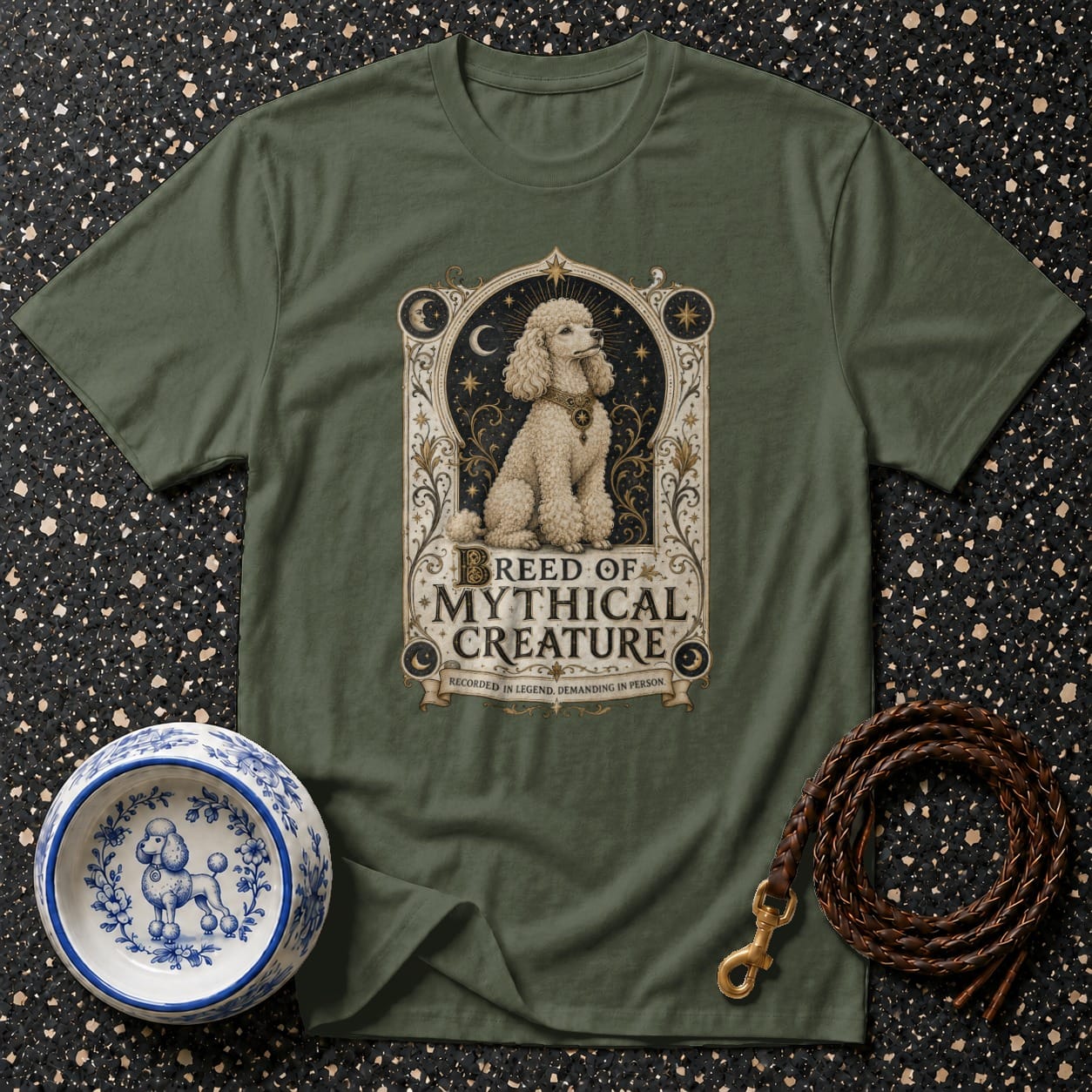 Olive green t-shirt featuring a poodle art graphic with "Breed of Mythical Creature" text.