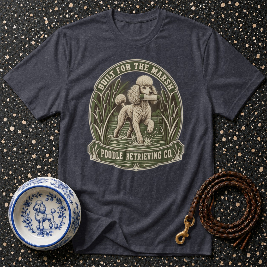Dark t-shirt with a poodle retrieving in water graphic and text.
