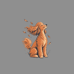 Orange poodle sitting with wind blowing its curly hair and falling leaves.