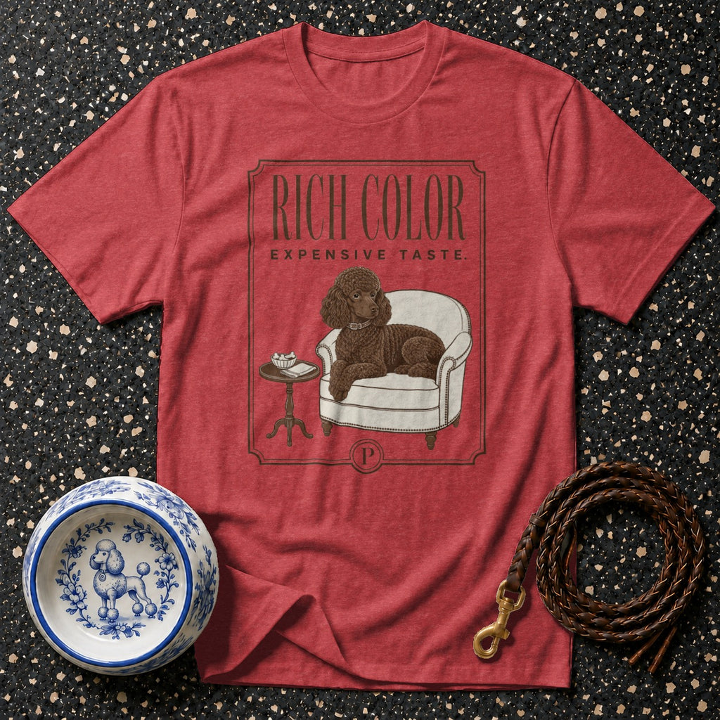 Red t-shirt with "RICH COLOR EXPENSIVE TASTE" and poodle illustration.
