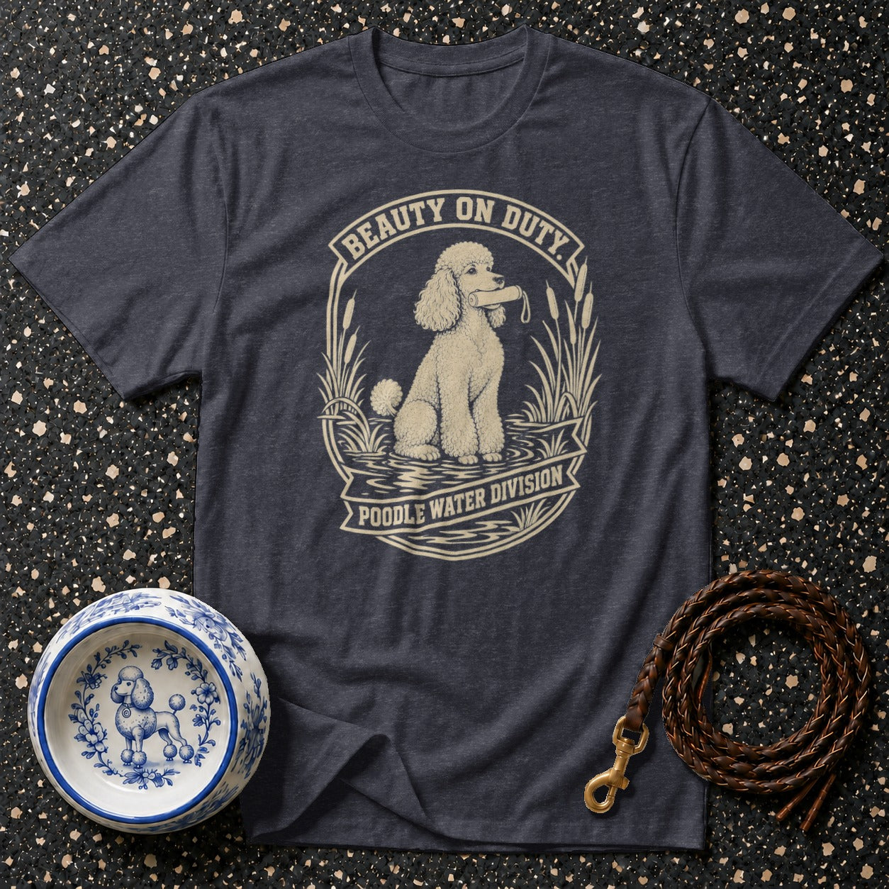 Dark grey t-shirt with a poodle graphic and text: Beauty on Duty, Poodle Water Division.