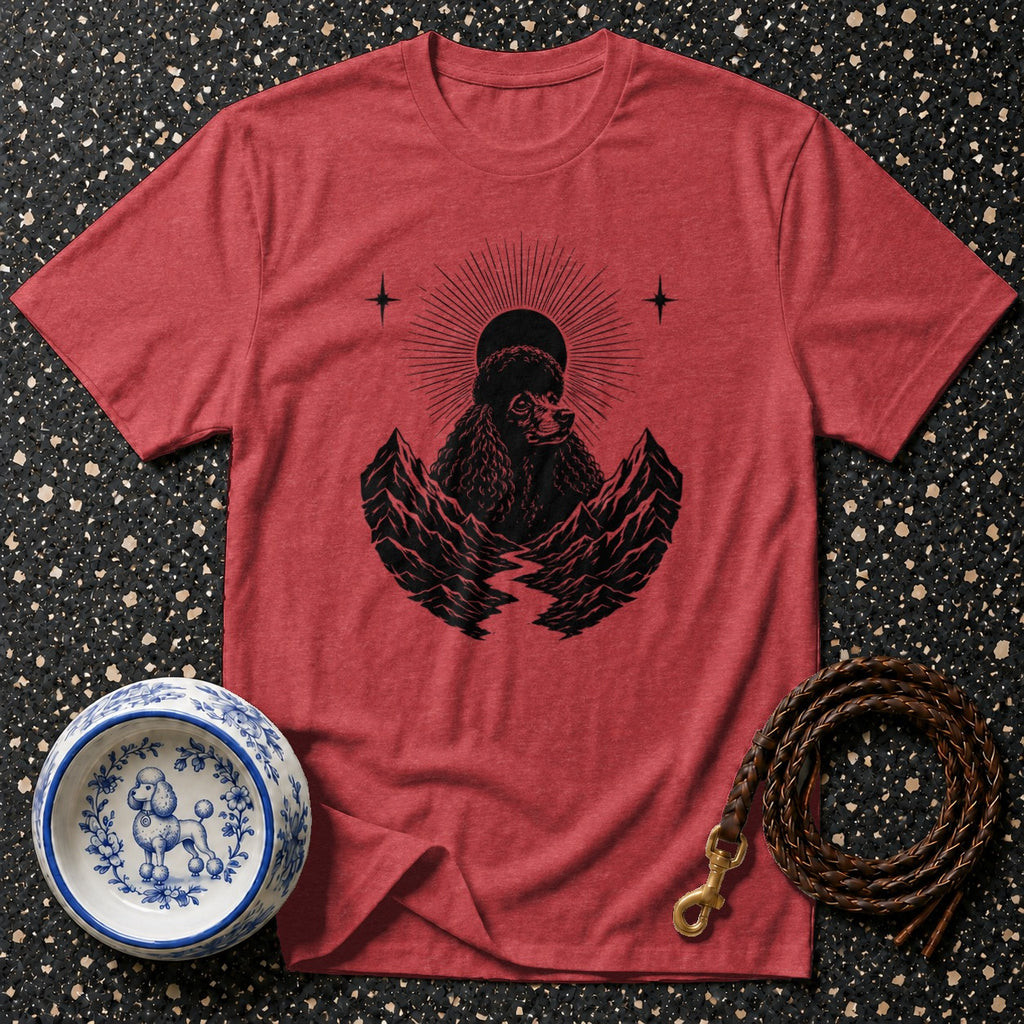 Red t-shirt with black poodle graphic, mountains, and a dog bowl.