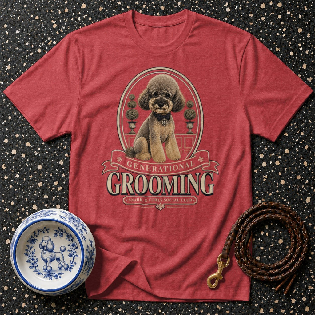 Red t-shirt with "GENERATIONAL GROOMING" text and a poodle graphic.