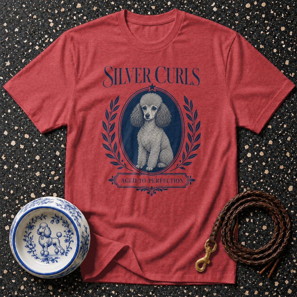 Red t-shirt with "SILVER CURLS AGED TO PERFECTION" and a poodle design.