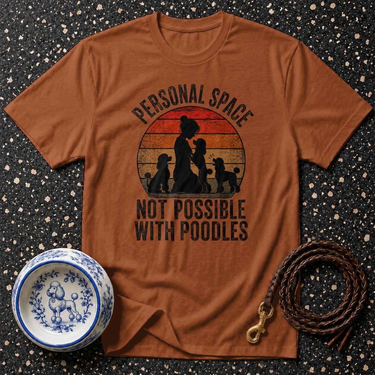 Brown t-shirt with "Personal Space Not Possible With Poodles" text and poodle graphic.