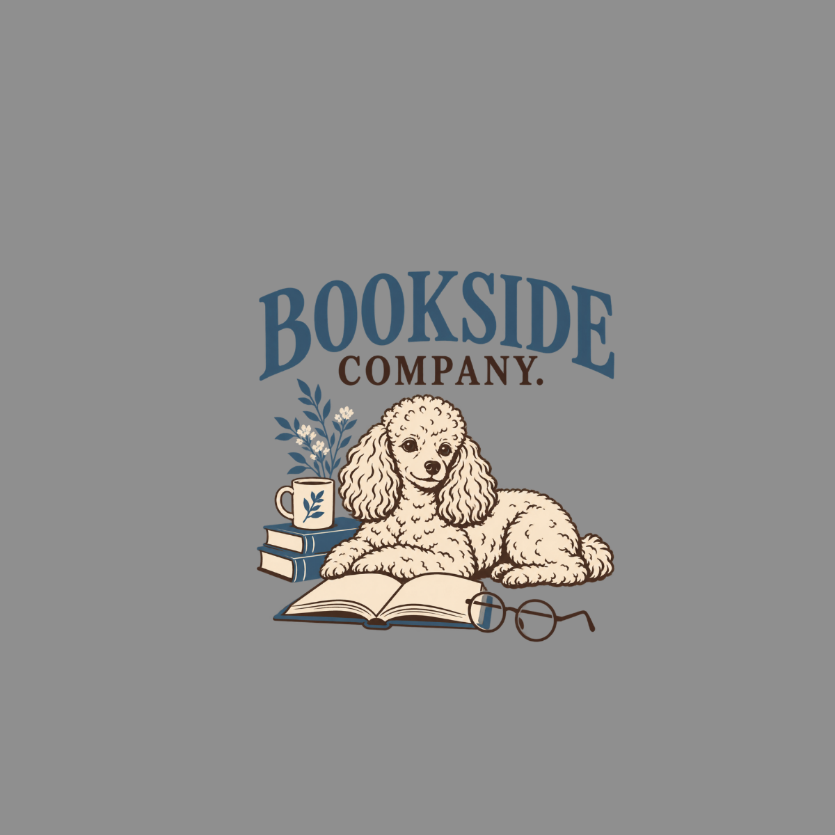 Bookside Company logo with poodle, books, mug, and glasses.