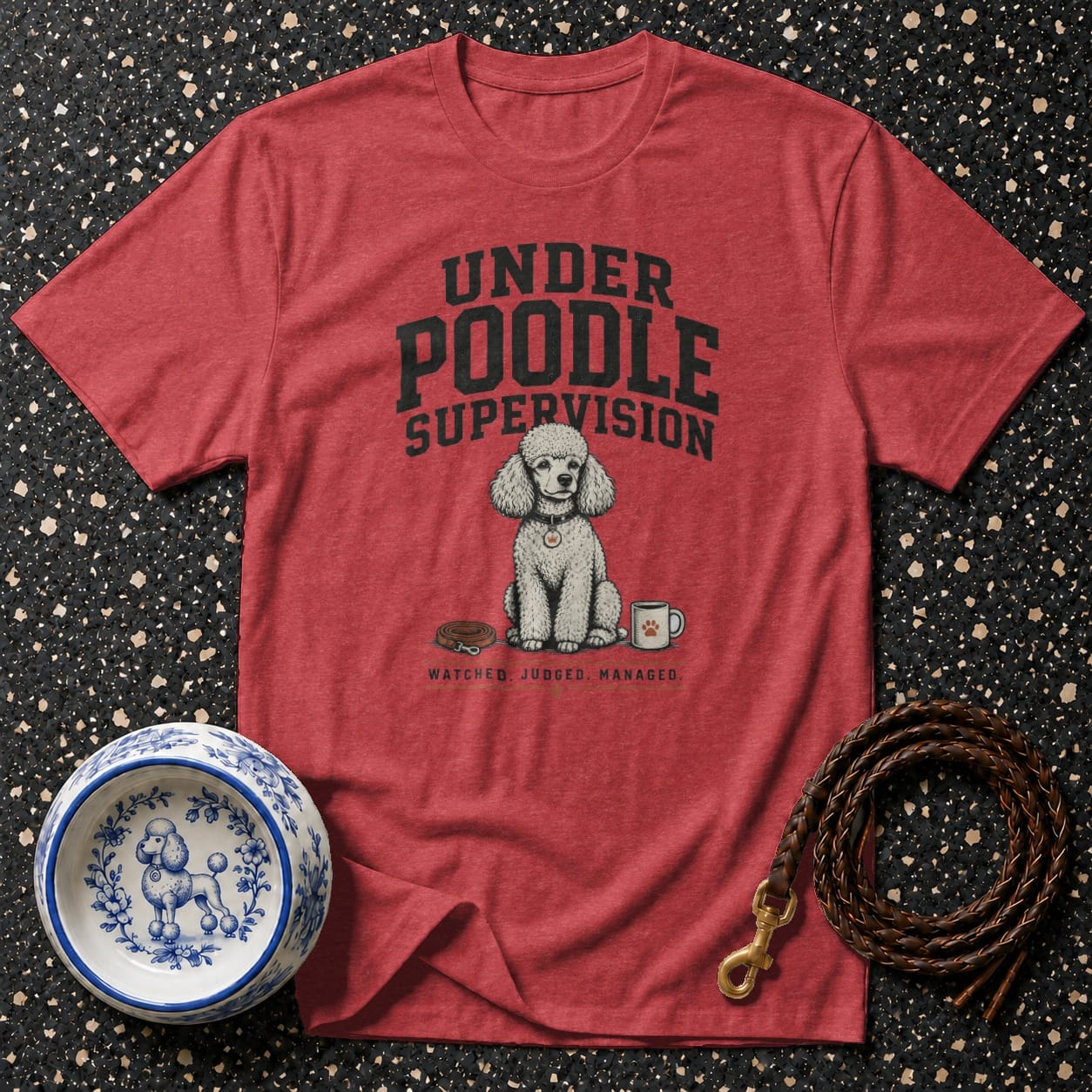 Red t-shirt with "Under Poodle Supervision" text and a poodle illustration.