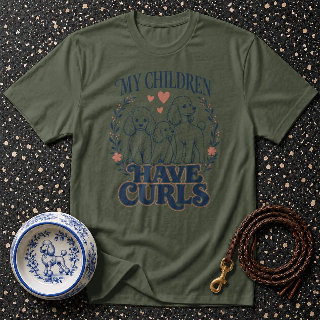 Green t-shirt with "MY CHILDREN HAVE CURLS" and poodle graphic.
