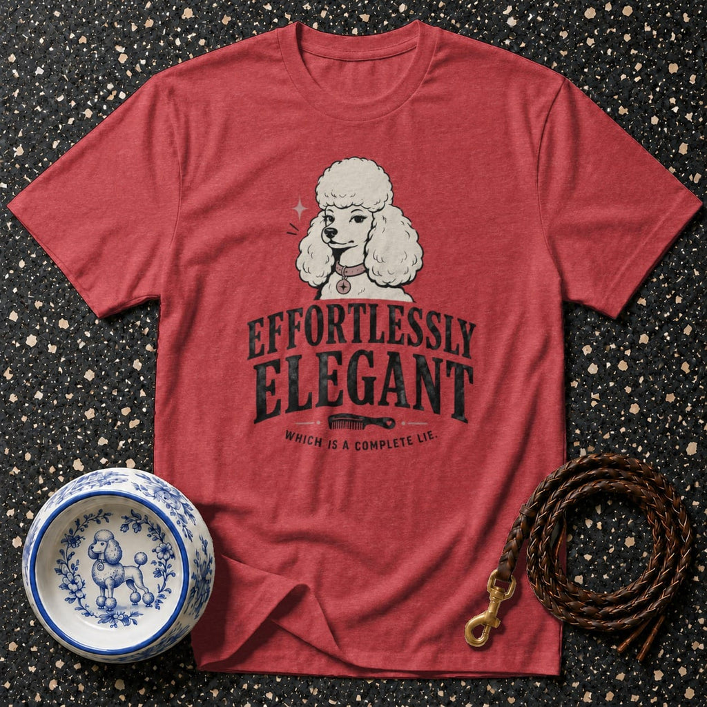Red t-shirt with white poodle graphic and text "Effortlessly Elegant".