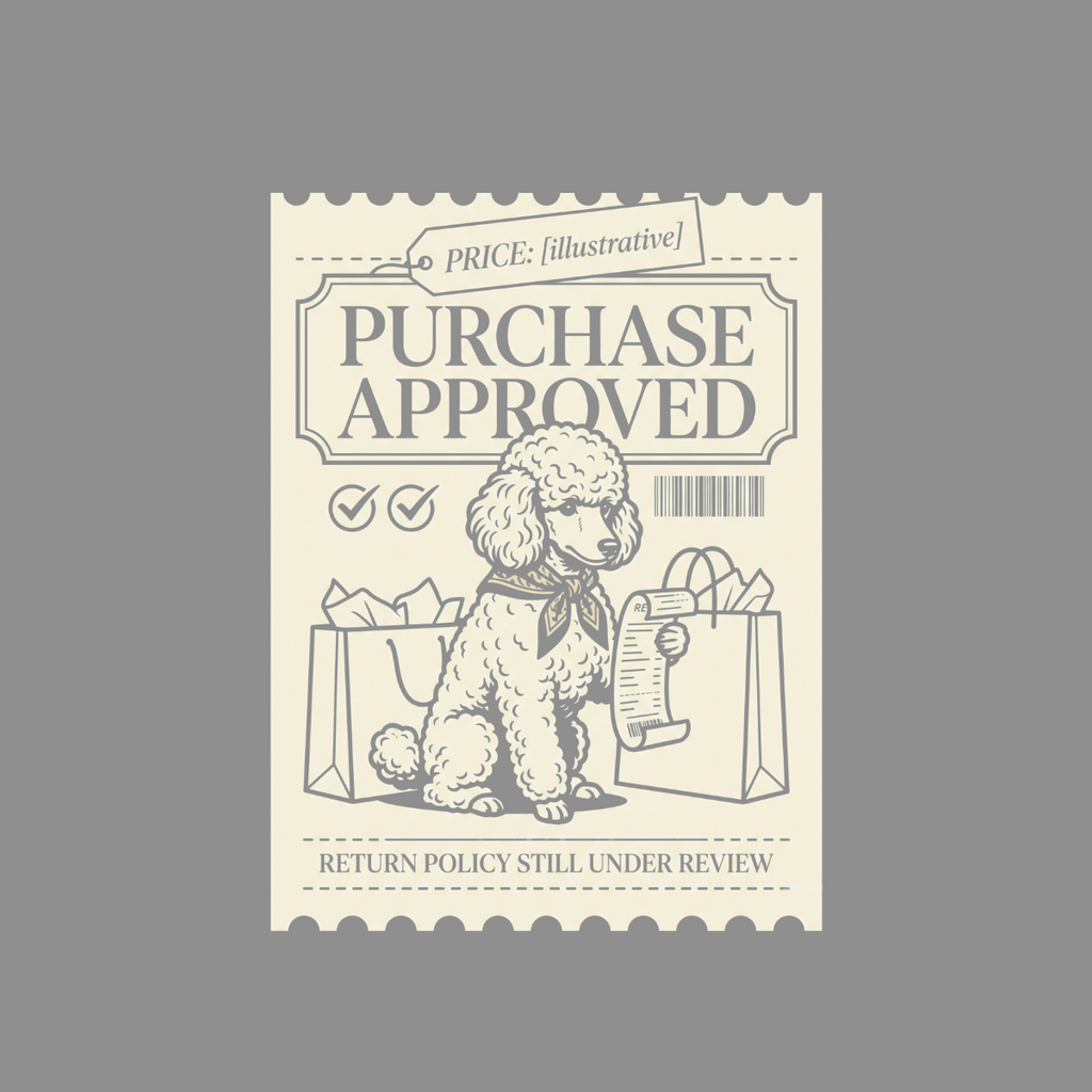Poodle with shopping bags and receipt under "Purchase Approved" stamp.