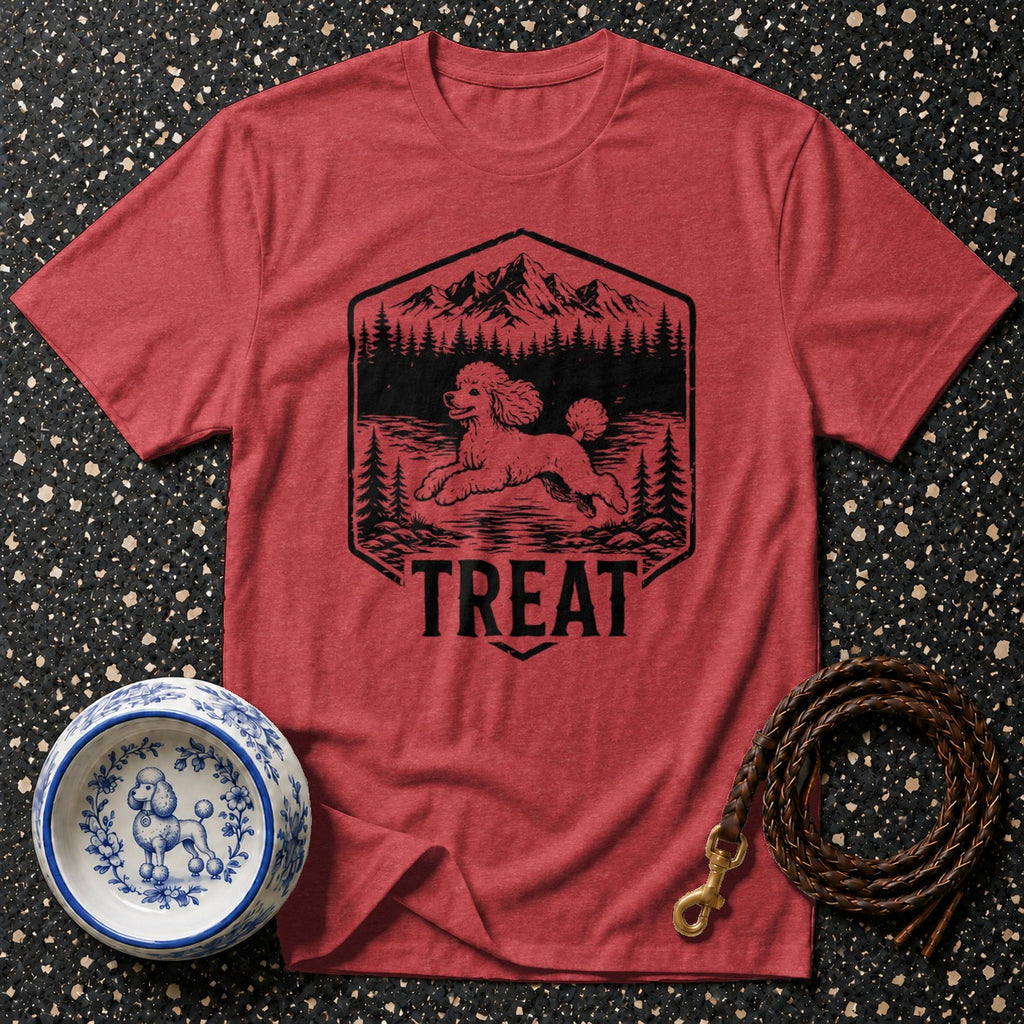 Red t-shirt with poodle in nature graphic and "TREAT" text.