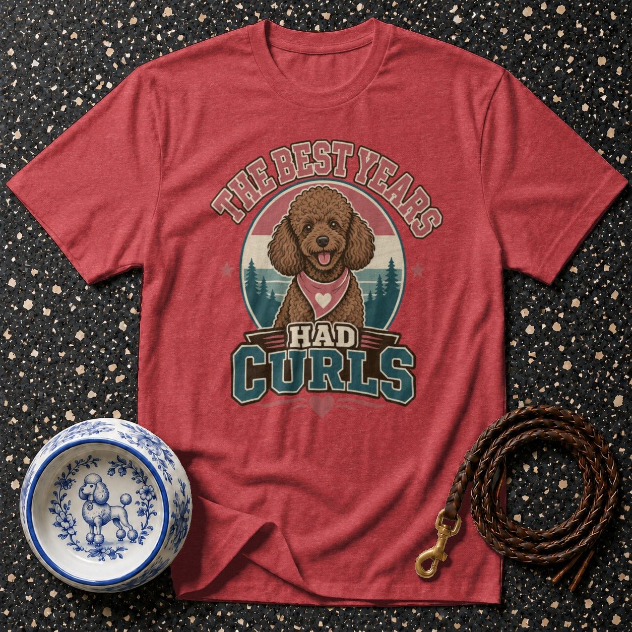 Red t-shirt with a poodle graphic and text "The Best Years Had Curls".