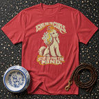 Red t-shirt with poodle graphic and text "I came for the curls, stayed for the mind".