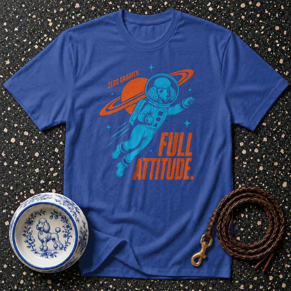 Blue t-shirt with poodle astronaut graphic reading "Zero Gravity" and "Full Attitude".