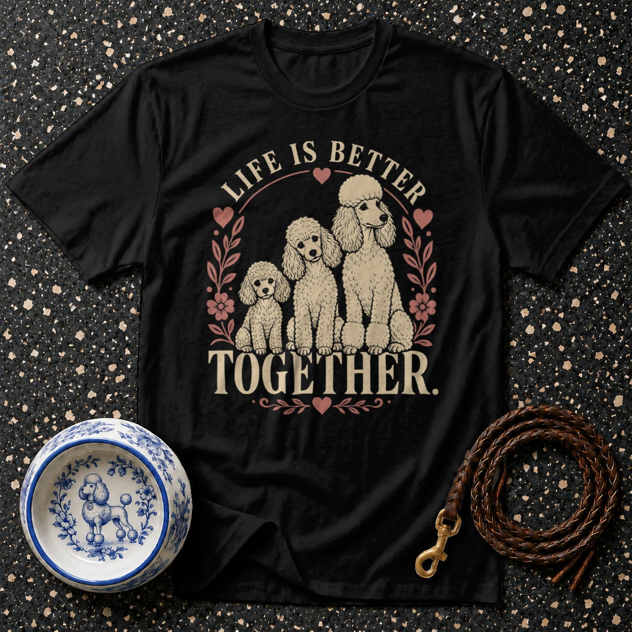 Black t-shirt with three poodles and text "Life is Better Together".