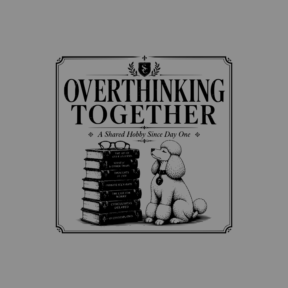 Overthinking Together text with stacked books and a poodle.