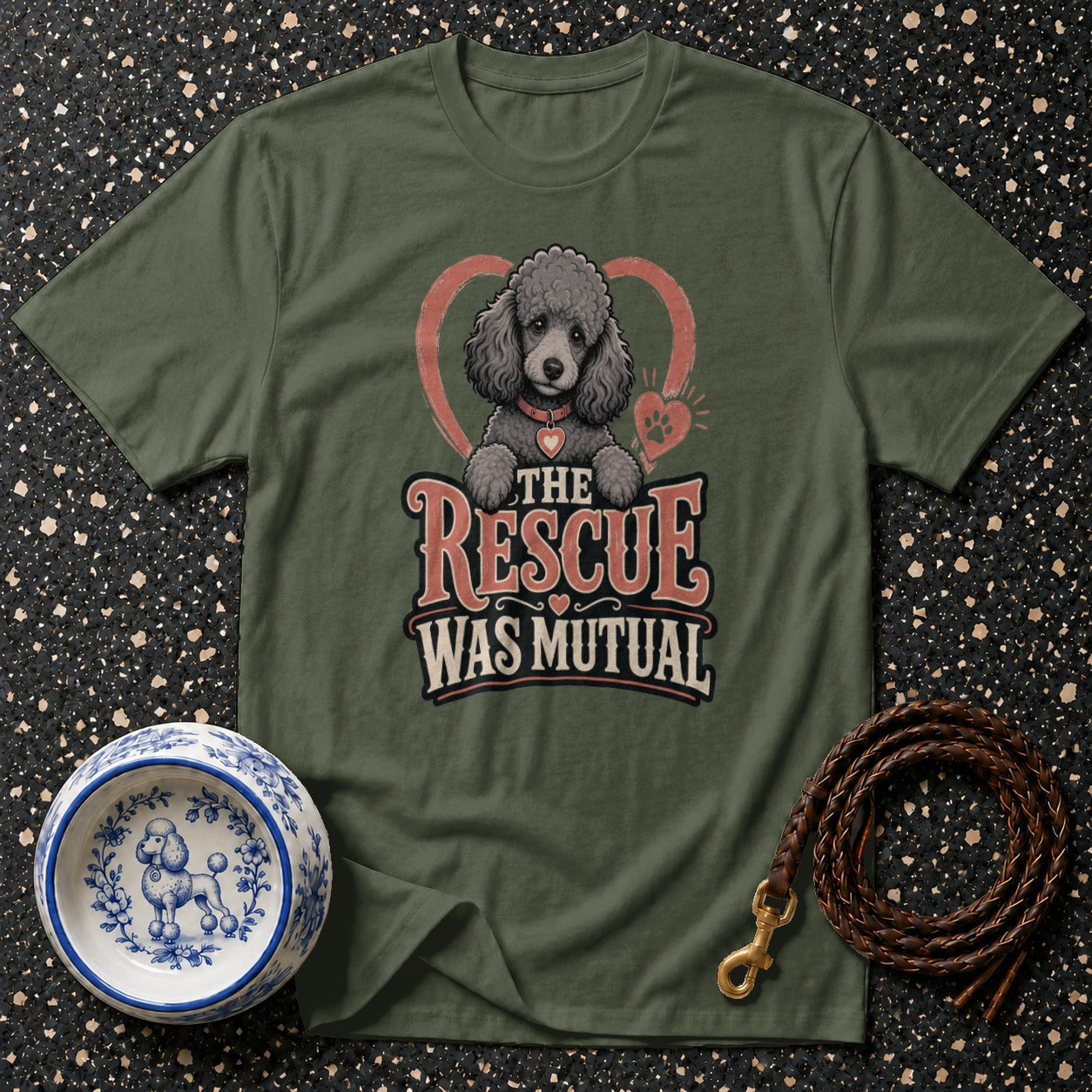 Olive green t-shirt with a grey poodle and text that reads "The Rescue Was Mutual."