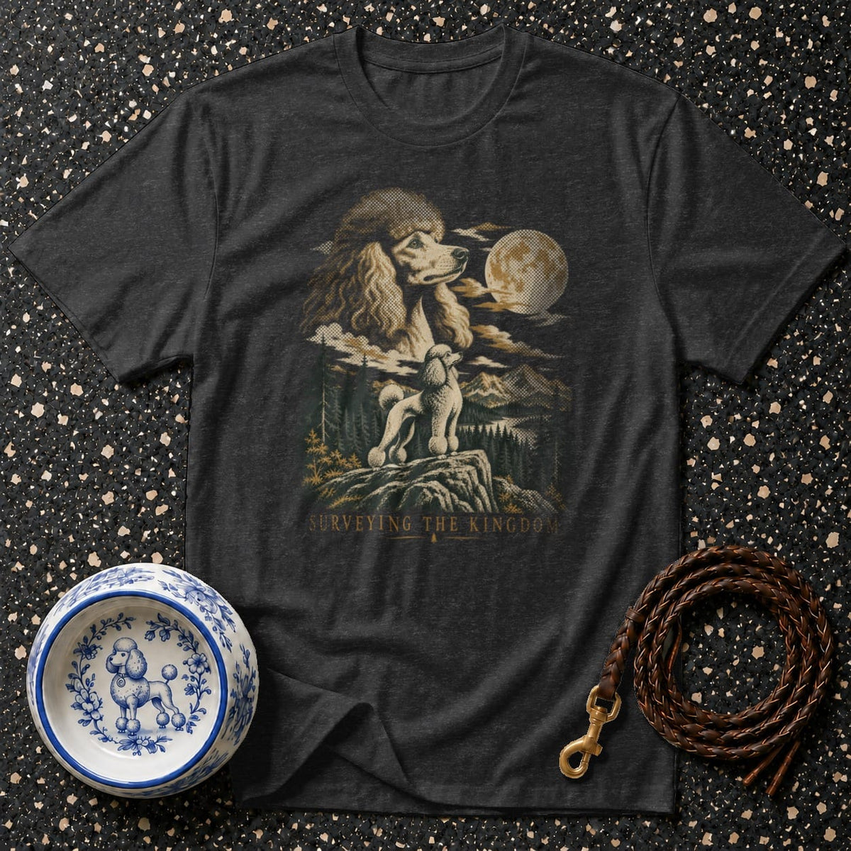 Dark grey t-shirt with a poodle surveying a landscape under a moon.
