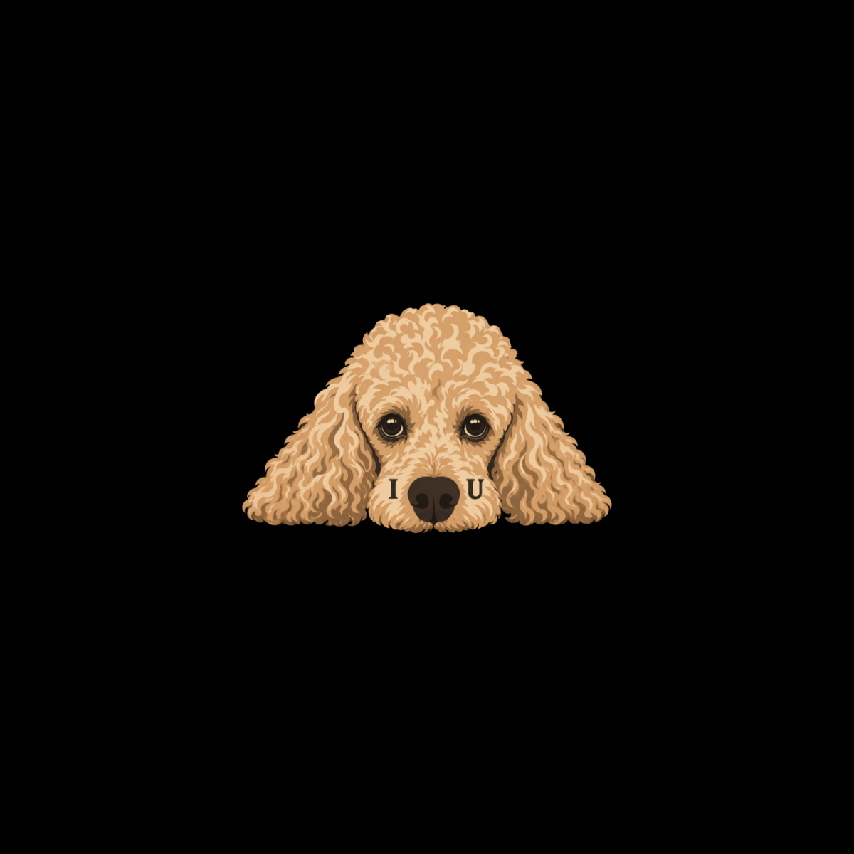 Illustration of a light brown poodle peeking with "I" and "U" on its nose.