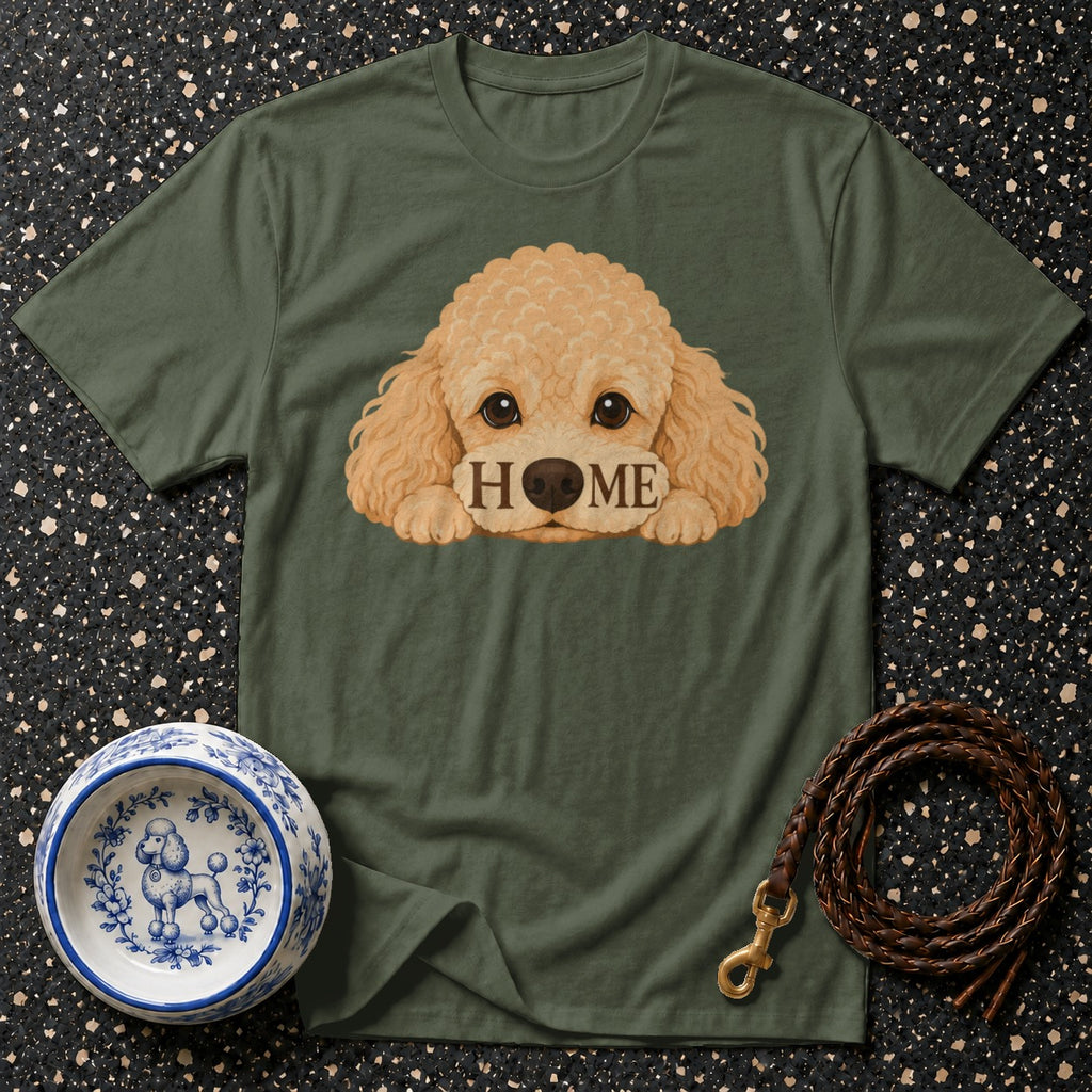 Green t-shirt with poodle graphic that reads "HOME".