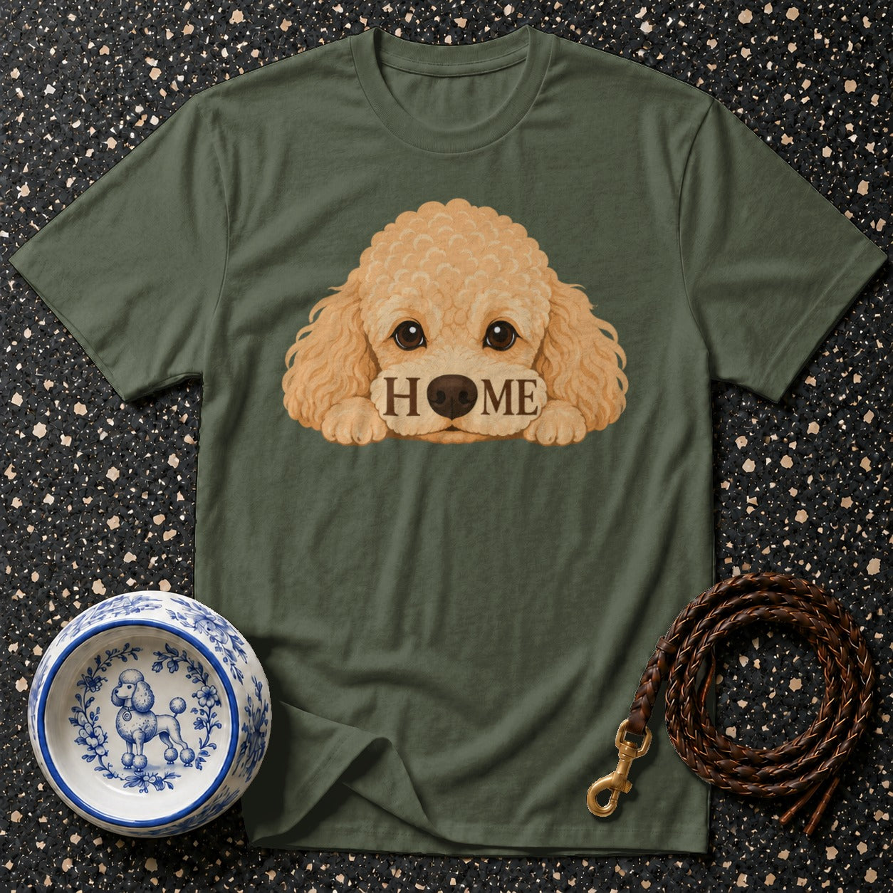 Green t-shirt with poodle graphic that reads "HOME".