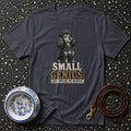 Dark grey t-shirt with a poodle graphic and text "SMALL GENIUS USES POWERS FOR MISCHIEF".