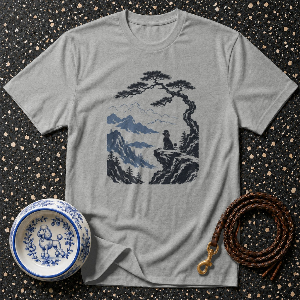 Gray t-shirt with poodle overlooking mountains under a stylized tree.