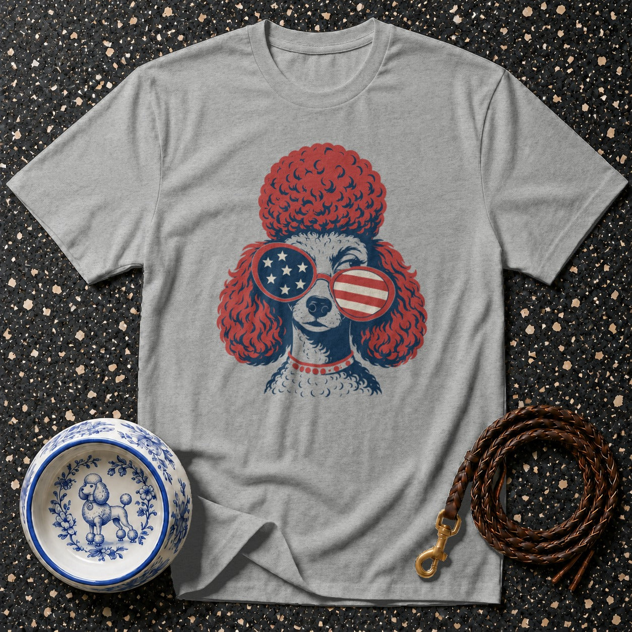 Grey t-shirt with patriotic poodle graphic, dog bowl, and leash.