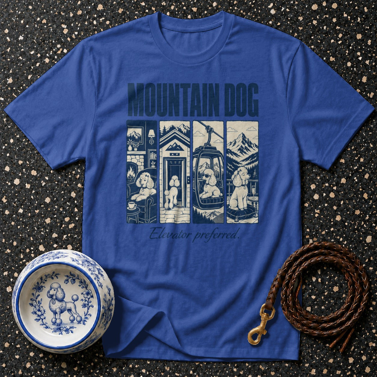 Blue t-shirt with "Mountain Dog" text and four panels of poodles with "Elevator preferred."