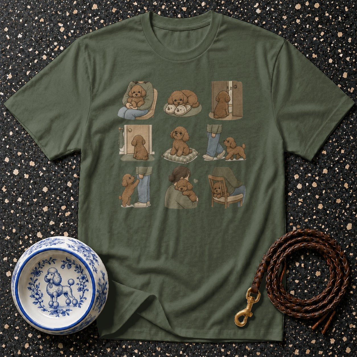 Green t-shirt with a nine-panel illustration of cute toy poodles in various heartwarming scenarios.