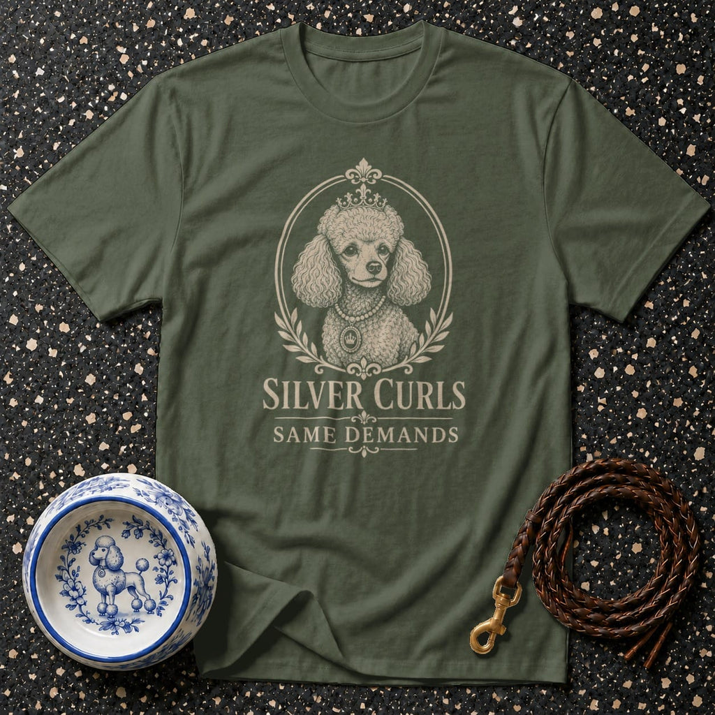 Green t-shirt with poodle artwork and text "Silver Curls Same Demands".