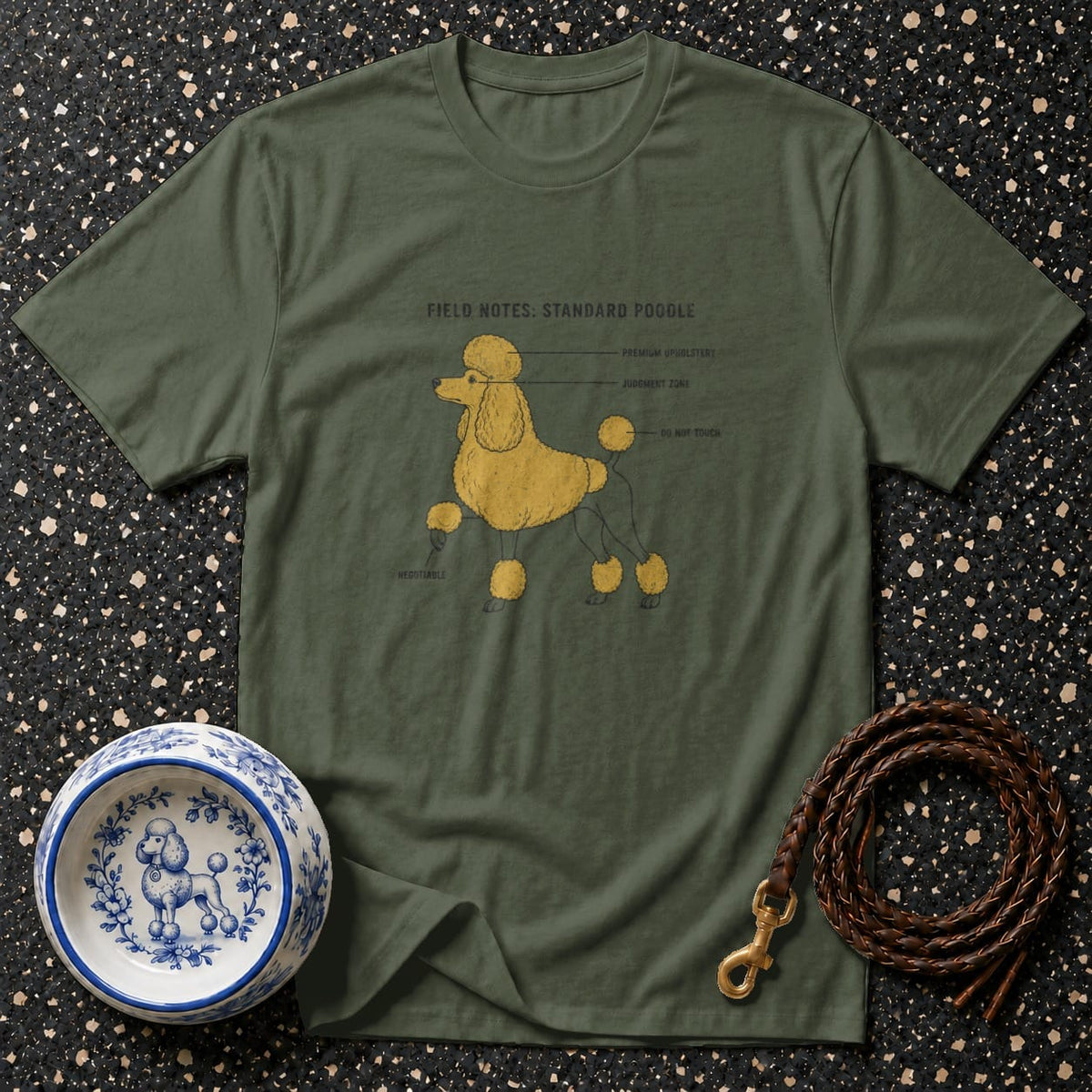 Green t-shirt with yellow poodle diagram labeled "Field Notes: Standard Poodle".