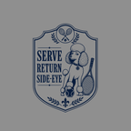Poodle with tennis racket and ball inside a crest with text "Serve Return Side-Eye".