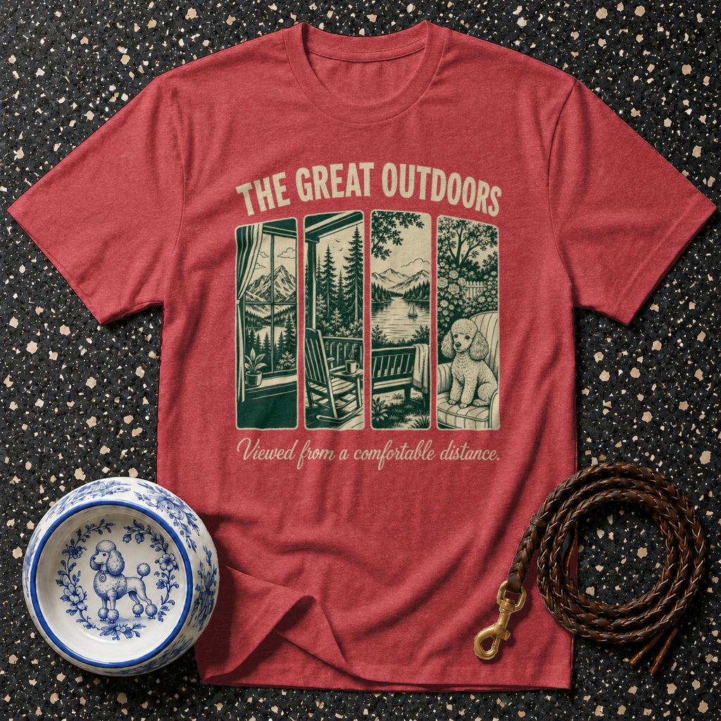 Red t-shirt with "The Great Outdoors" and scenes of nature with a poodle.