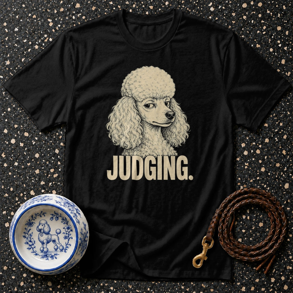 Black t-shirt with poodle graphic and text "JUDGING."