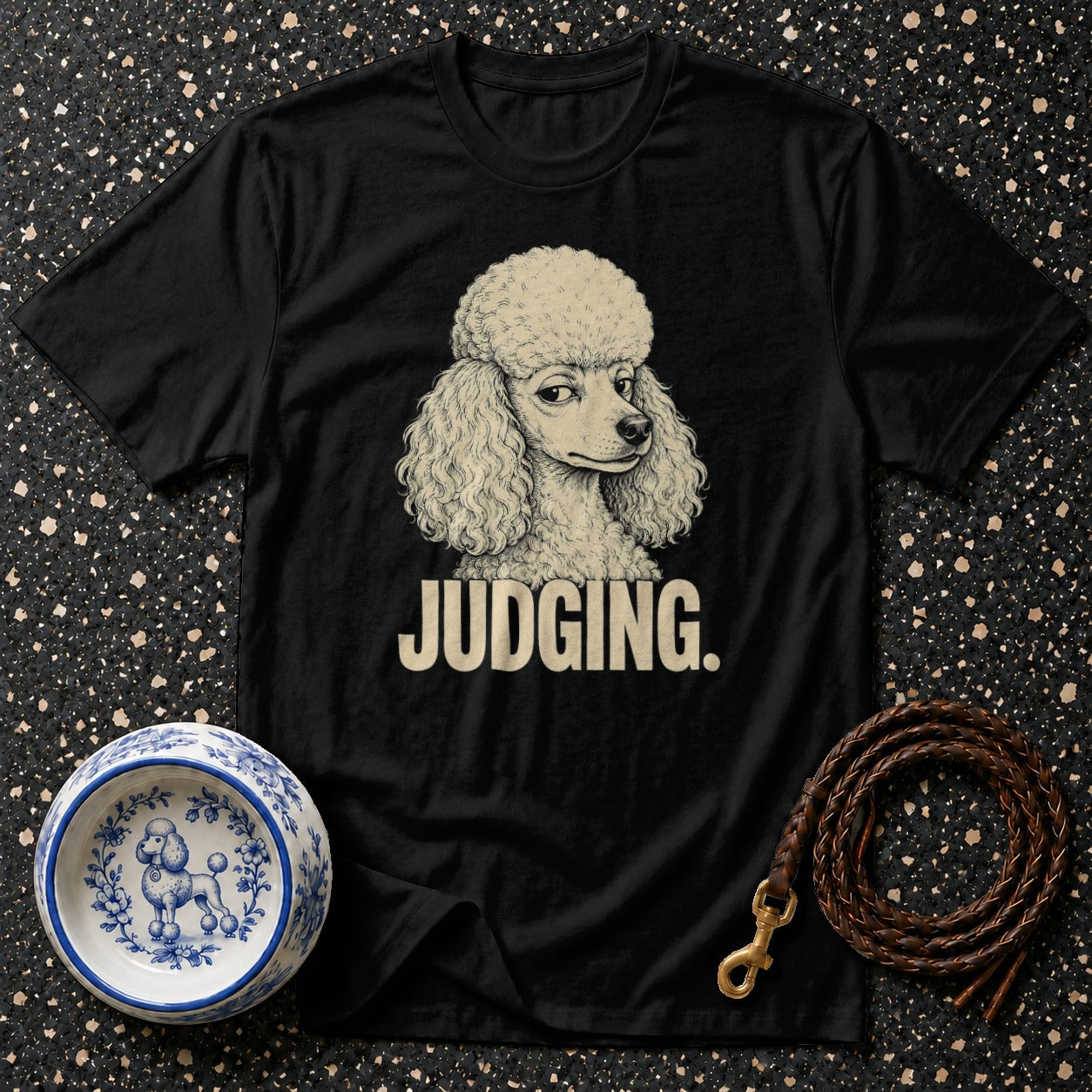 Black t-shirt with poodle graphic and text "JUDGING."
