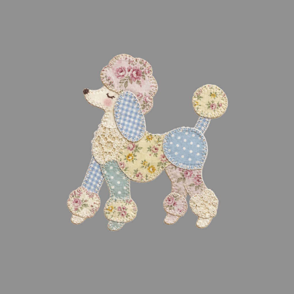 Quilted poodle applique with floral, gingham, and polka dot fabrics.