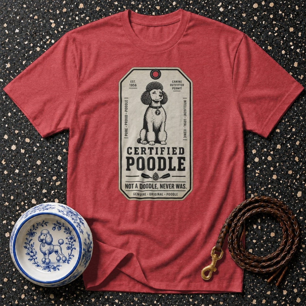 Red t-shirt with "Certified Poodle" graphic, dog bowl, and leash.