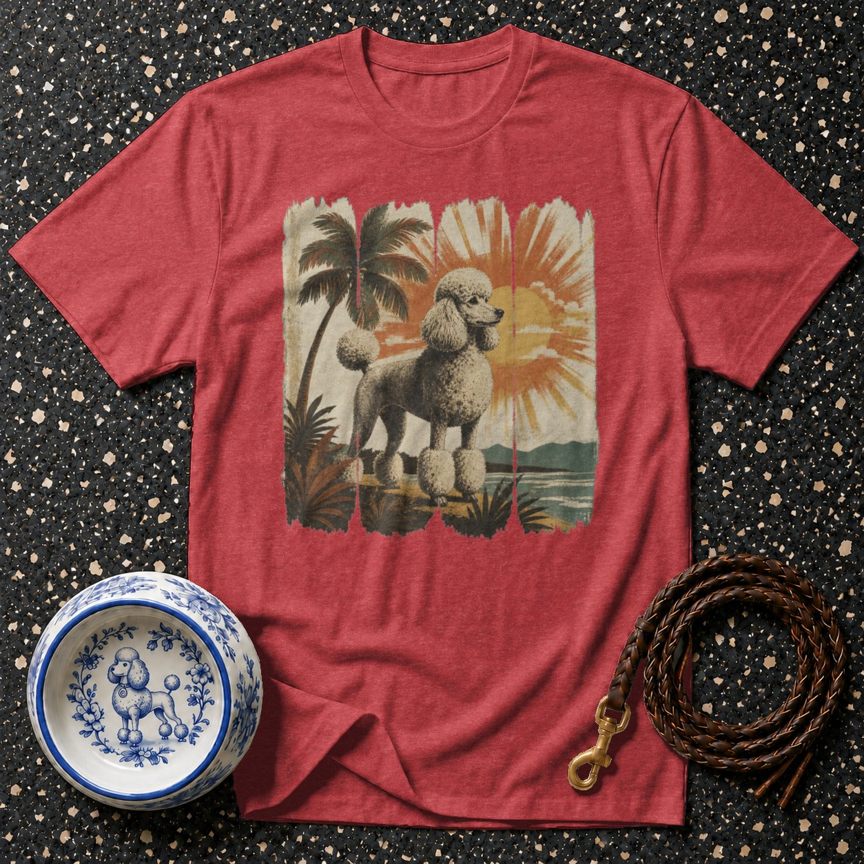 Red t-shirt with a vintage poodle beach graphic, dog bowl, and leash.