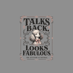 Poodle with bow tie in ornate frame, "Talks back. Looks fabulous." text.