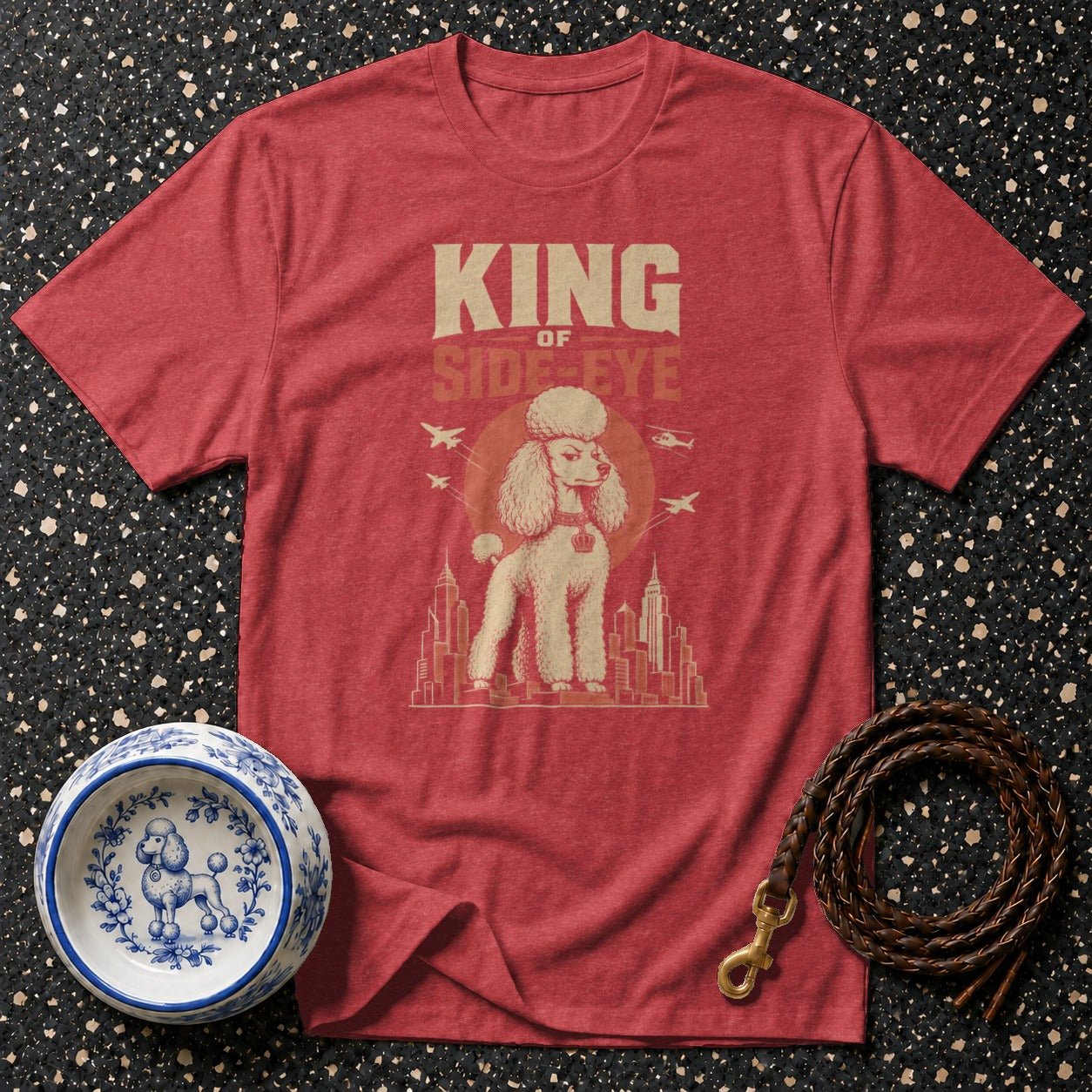 Red t-shirt with "King of Side-Eye" and poodle graphic.