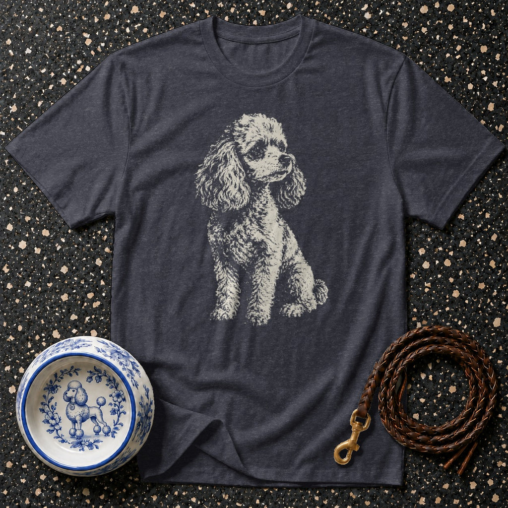 Dark grey t-shirt with a sketched poodle graphic, dog bowl, and leather leash.