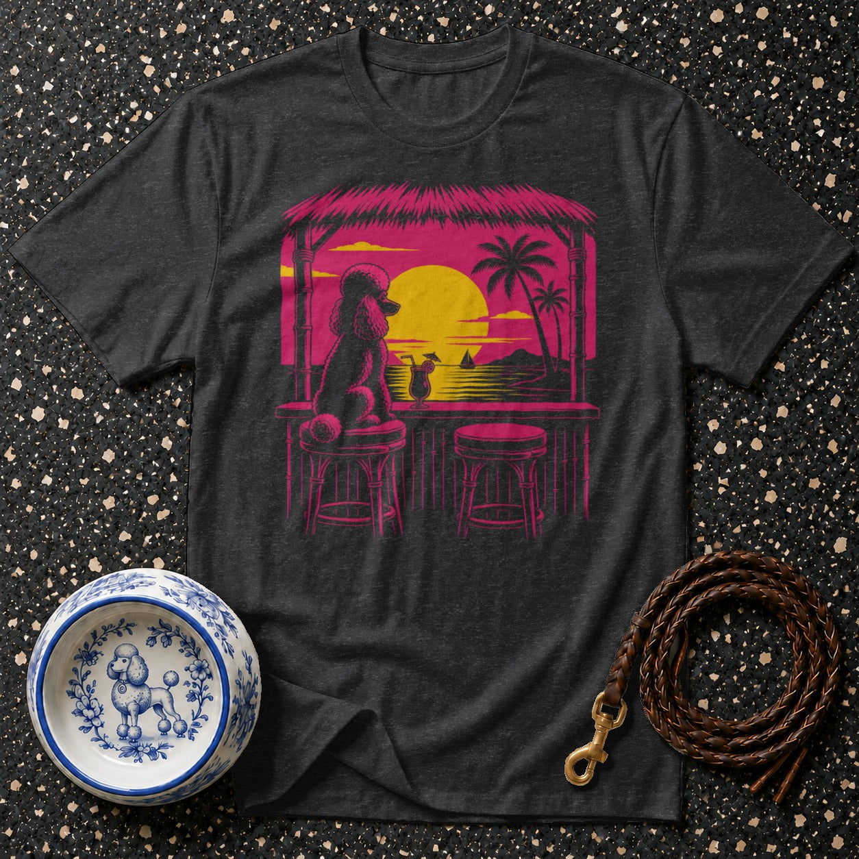 Poodle at beach bar at sunset graphic on dark grey t-shirt.
