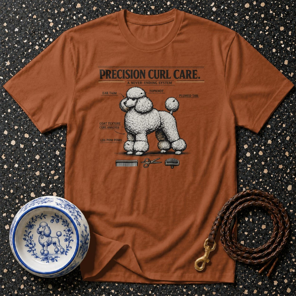 T-shirt with diagram of poodle grooming: "Precision Curl Care."