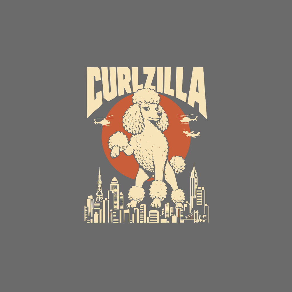 Curlzilla poodle with city skyline, helicopters, and text.