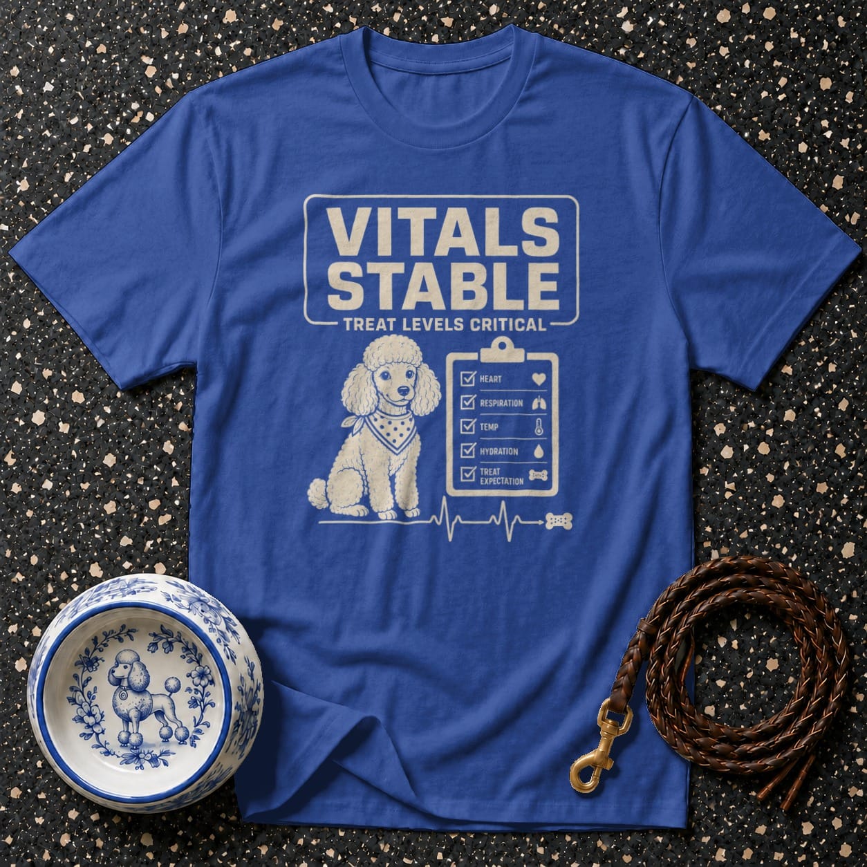 Royal blue t-shirt with poodle graphic and "Vitals Stable" text.