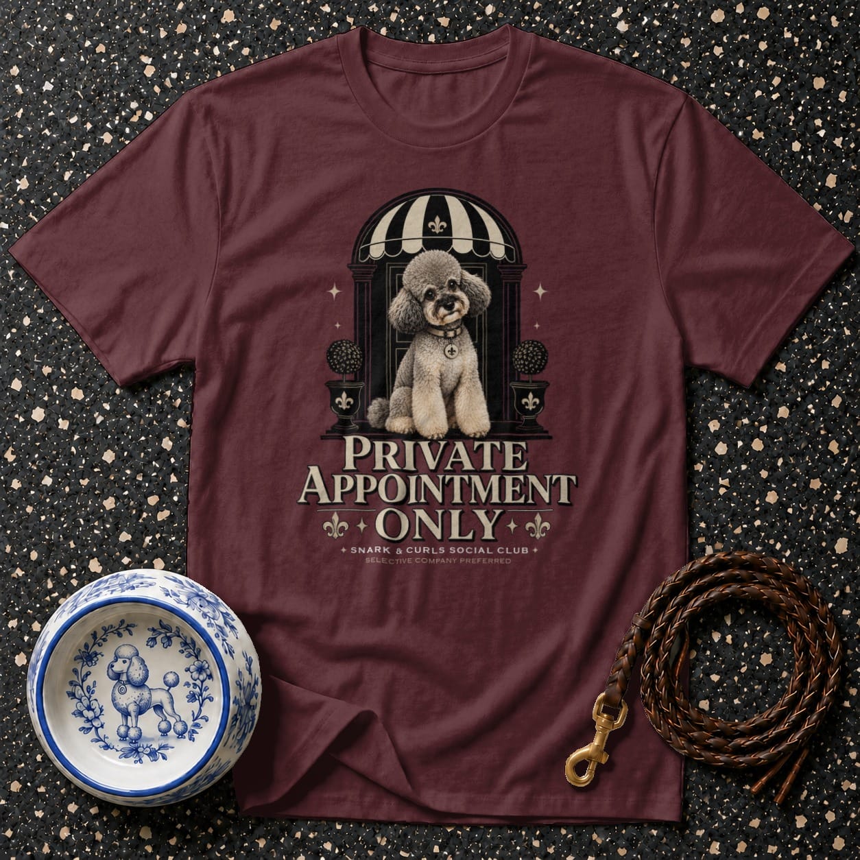 Maroon t-shirt with a poodle graphic and "Private Appointment Only" text.